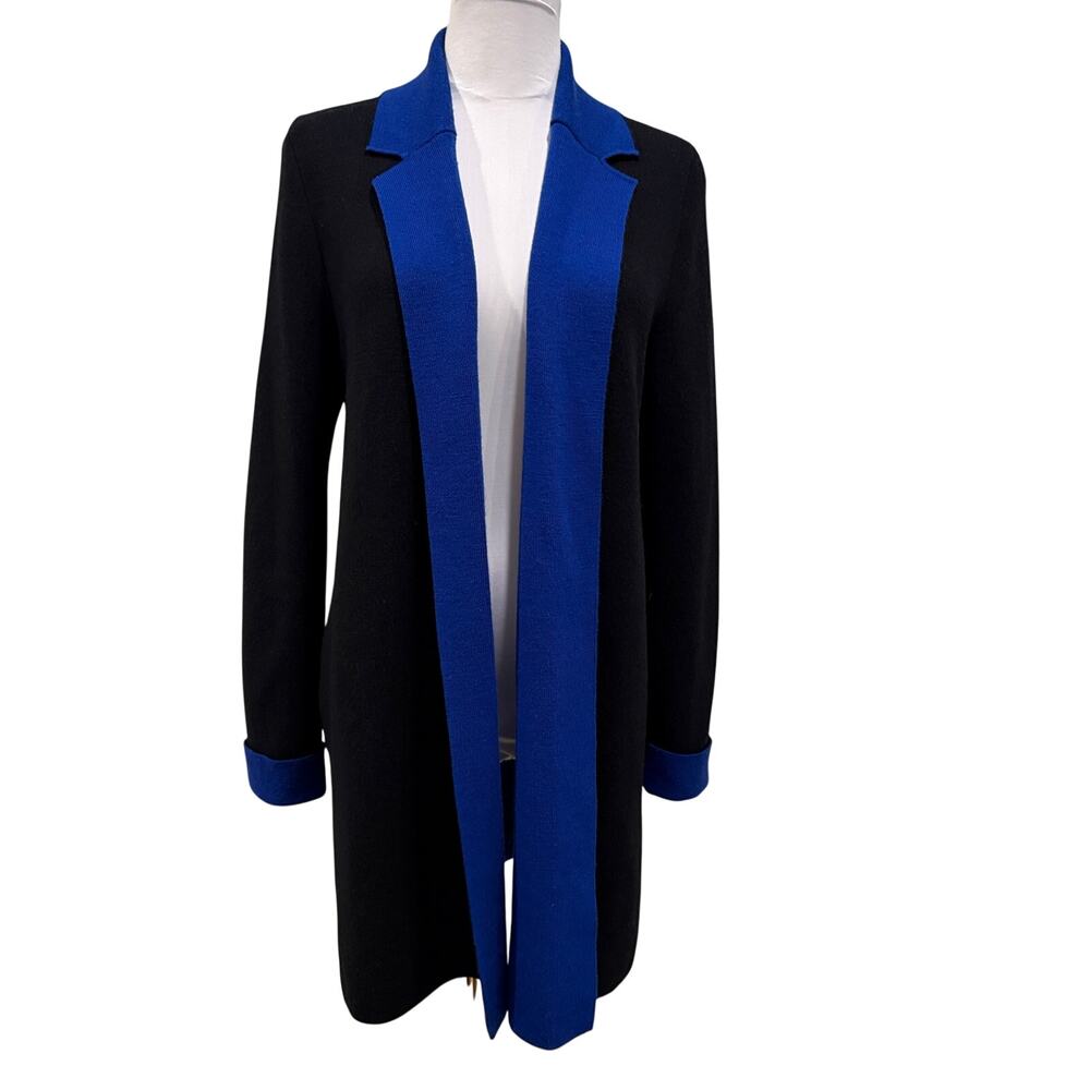 Talbots Pure Merino Wool Long Cardigan Small Black Blue Colorblock Office Career